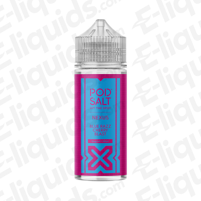 Pod Salt Nexus Blue Razz Cherry Blast Shortfill E-liquid 100ml bottle with vibrant design.