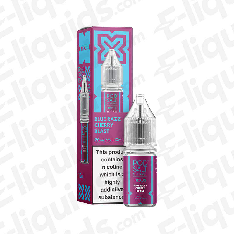 Blue Razz Cherry Blast Nic Salt E-liquid by Pod Salt Nexus in packaging, highlighting sweet blue raspberry and cherry flavors.
