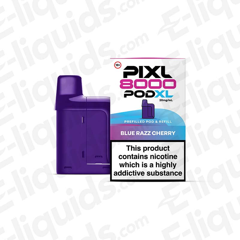 PIXL 8000 Compliant Prefilled Pod packaging in Blue Razz Cherry flavor, featuring 20mg nicotine strength and 8000 puffs.