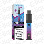Hayati Pro Max 6K Blue Razz GB Prefilled Pod Kit with fast charge, smart display, 850mAh battery, 6000 puffs, and refill cartridge.