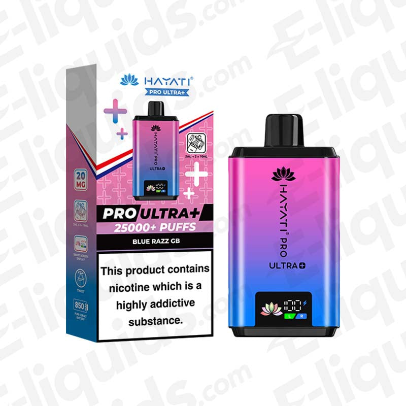 Hayati Pro Ultra+ 25K Blue Razz GB Prefilled Pod Kit with 20mg strength, 850mAh battery, and 25000+ puffs capacity