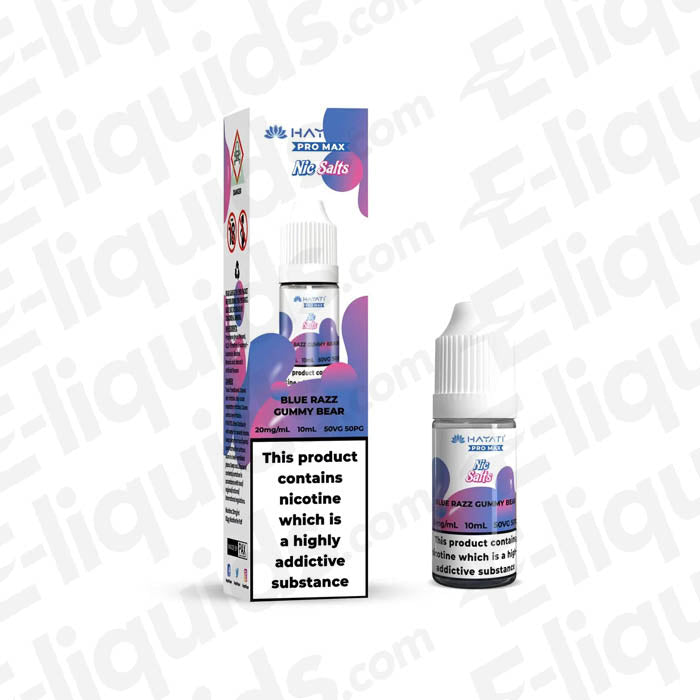 Blue Razz Gummy Bear Ice Nic Salt E-liquid by Hayati Pro Max in 20mg strength packaging.