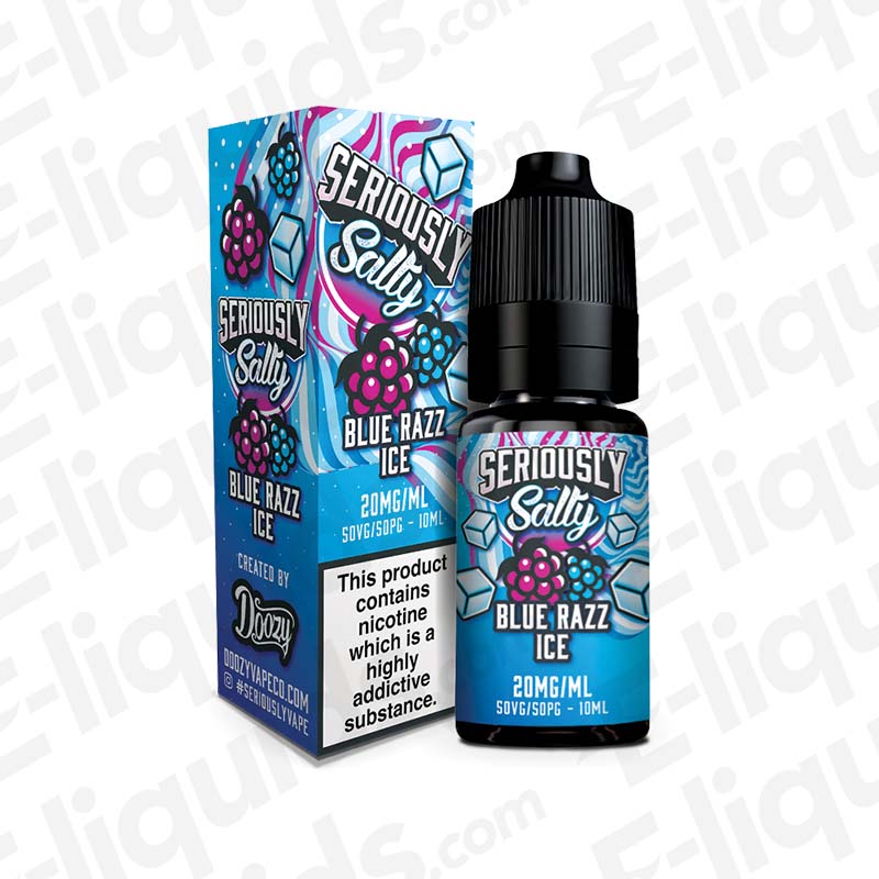 Blue Razz Ice Nic Salt E-liquid by Doozy Vape Co, 10ml bottle, features blue raspberry, candy and icy menthol flavors.