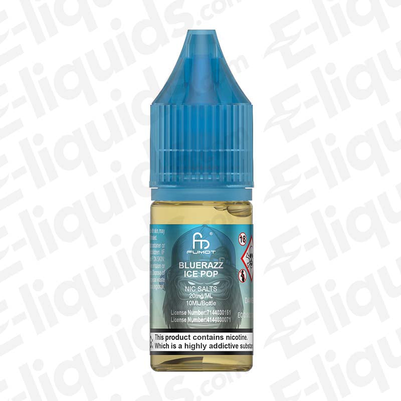 Blue Razz Ice Pop RandM Nic Salt E-liquid by Fumot in a 10ml bottle, featuring a blue cap and icy blue raspberry flavor.