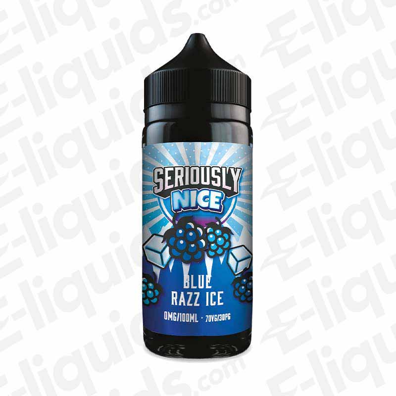 Blue Razz Ice e-liquid bottle by Doozy Vape Co., featuring blue raspberry and ice flavor with 70VG/30PG ratio for sub-ohm vaping.