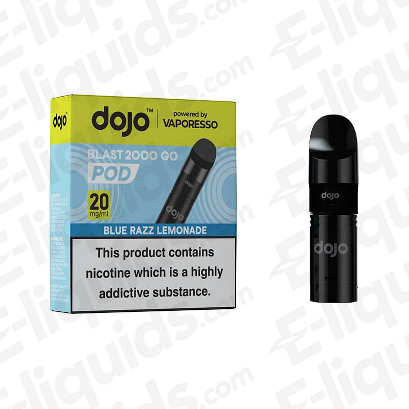 Blue Razz Lemonade Vaporesso Dojo Blast 2000 Go Pod and packaging with 20mg nicotine