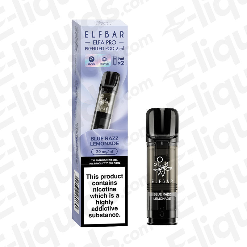 Elf Bar ELFA PRO Pre-Filled Vape Pods - Blue Razz Lemonade flavor, showcasing packaging and pod design with nicotine warning label.