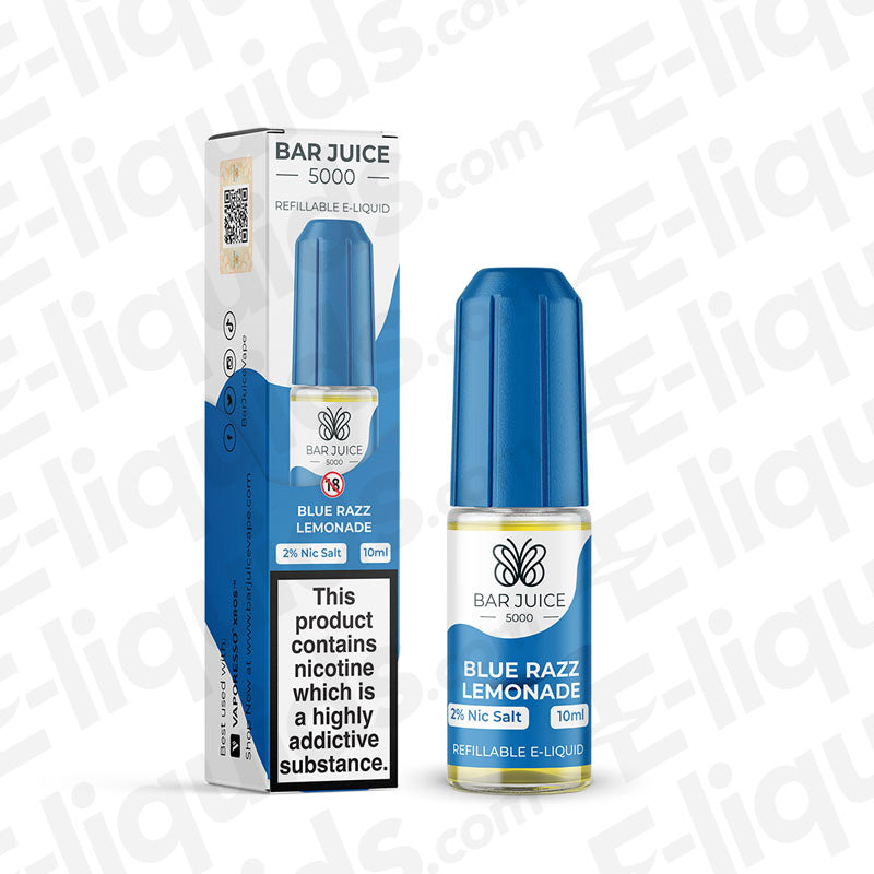 Blue Razz Lemonade Nic Salt E-liquid by Bar Juice 5000 in 10ml bottle with a blue cap, featuring a fizzy fruit soda flavor.