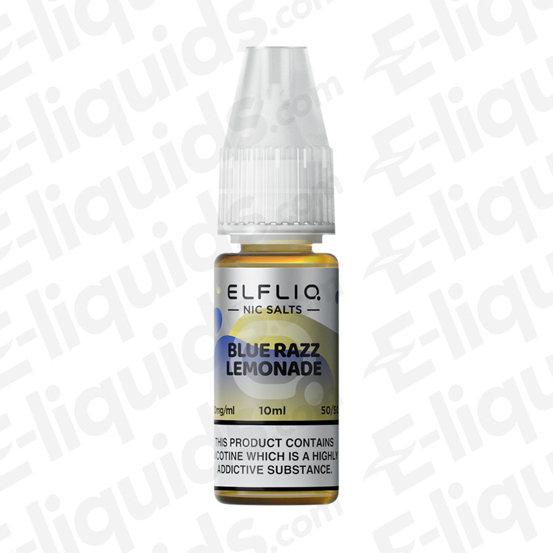 ELFLIQ Blue Razz Lemonade Nic Salt E-liquid bottle, offering blue raspberry and lemonade flavor, available in 10mg and 20mg.