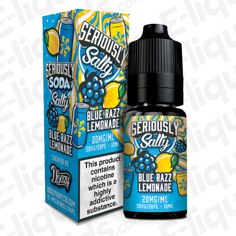 Doozy Vape Co Blue Razz Lemonade Seriously Soda Nic Salt E-liquid with packaging featuring raspberry and lemon graphics.