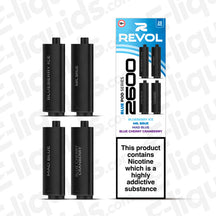 Blue 4-in-1 Series Revol 2600 Prefilled Pods with flavor options including Blueberry Ice and Blue Cherry Cranberry.