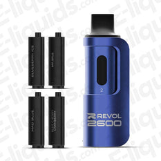 REVOL 2600 4-in-1 pod kit with interchangeable flavor pods including Blueberry Ice and Mad Blue.