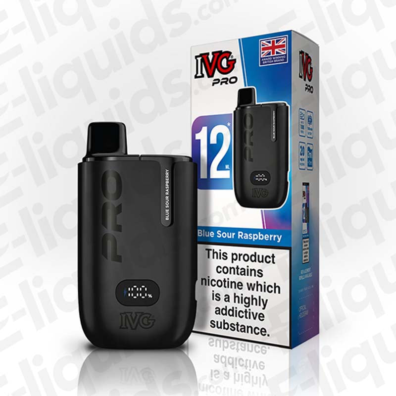 IVG Pro 6000 vape device with Blue Sour Raspberry flavor packaging and LED display.