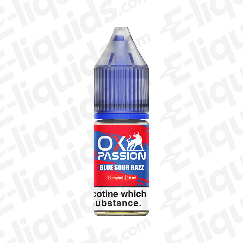 Blue Sour Razz OX Passion Nic Salt E-liquid bottle by OXVA, featuring blueberry and raspberry flavor with 10 mg strength.