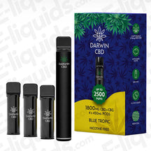 Darwin CBD+CBG 1800mg Blue Tropic Prefilled Pod Kit with 4 x 450mg pods and a 500mAh rechargeable device.