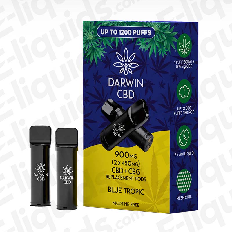 Darwin CBD+CBG 900mg Blue Tropic (2 x 450mg) Prefilled Pod with exotic Fruit and Berry flavour in bright purple and yellow packaging.