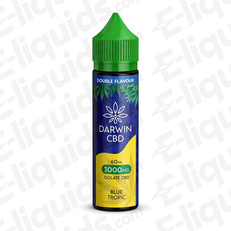 Darwin CBD 60ml Blue Tropic Vape Juice with exotic Tropical Fruit flavour in a purple, yellow and green bottle.