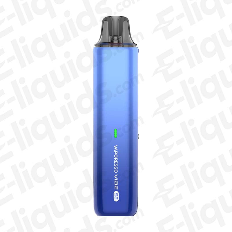 Vaporesso Vibe SE Blue Pod Kit in metallic blue with black pod top, slim MTL vape design and LED indicator.