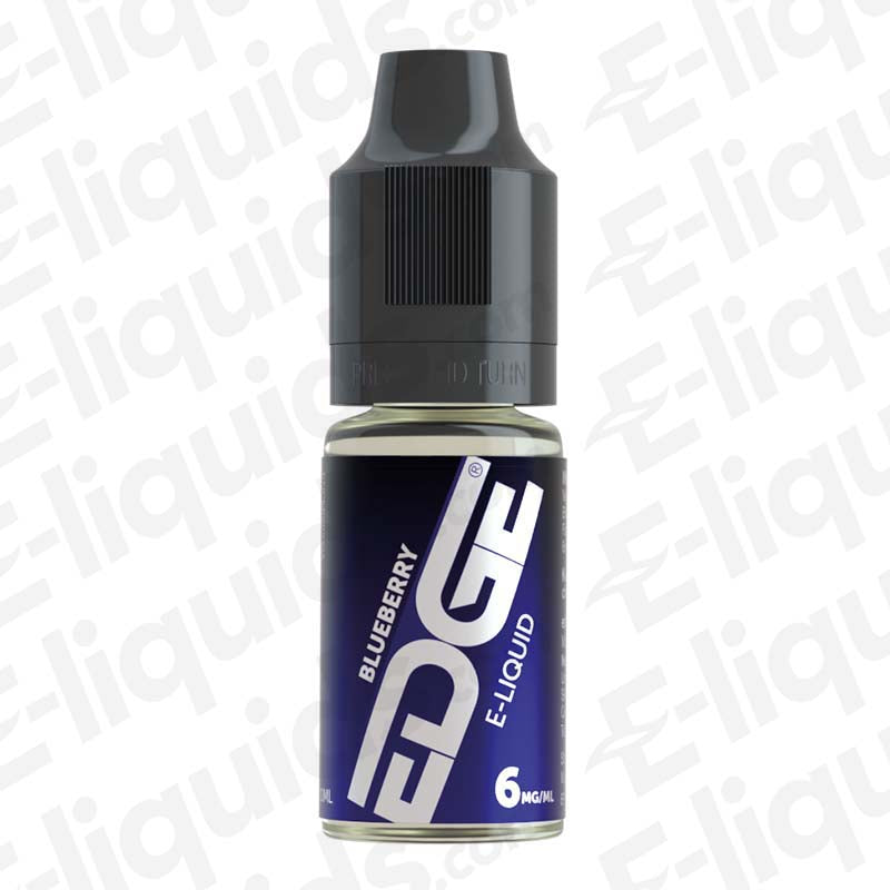 Bottle of Blueberry 50/50 E-liquid by EDGE, 10ml size with 6mg strength, featuring a fresh blueberry flavor for pod and mouth to lung kits.