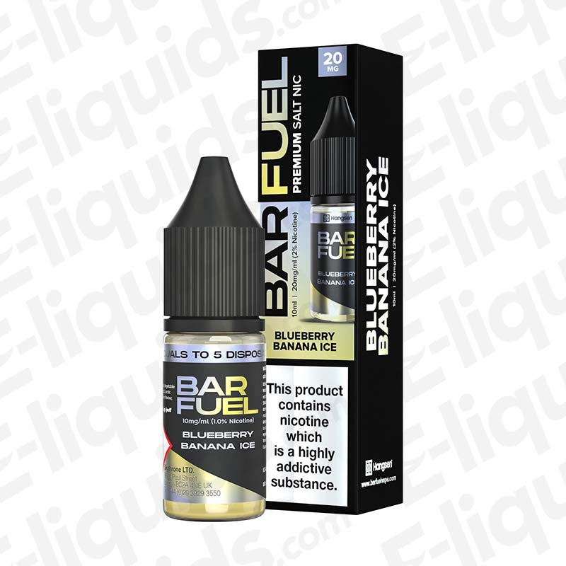 Blueberry Banana Ice Nic Salt E-liquid by Bar Fuel in 10ml bottle, featuring rich blueberry and creamy banana flavors.