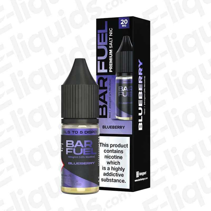 Blueberry Nic Salt E-liquid by Bar Fuel in a 10ml bottle showcasing juicy blueberry flavor and high nicotine satisfaction.