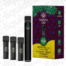 Darwin CBD+CBG 1800mg Blueberry Cherry Cranberry Prefilled Pod Kit with 4 x 450mg pods and a 500mAh rechargeable device.