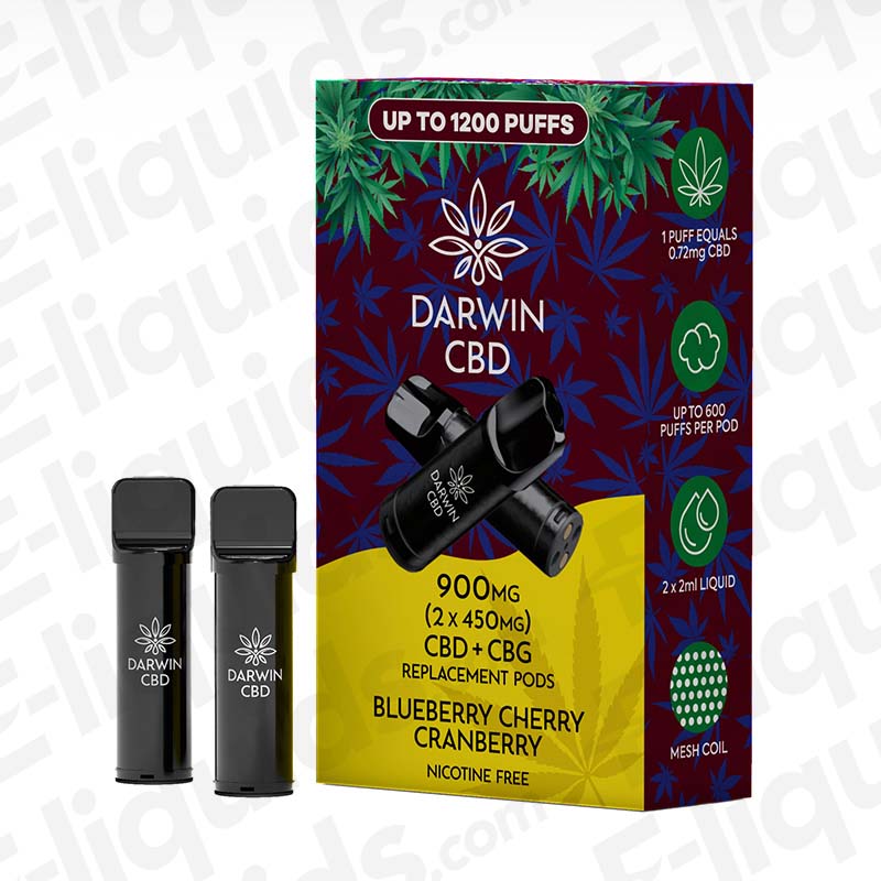 Darwin CBD+CBG 900mg Blueberry Cherry Cranberry (2 x 450mg) Prefilled Pod with tart Triple Berry flavour in maroon and yellow packaging.