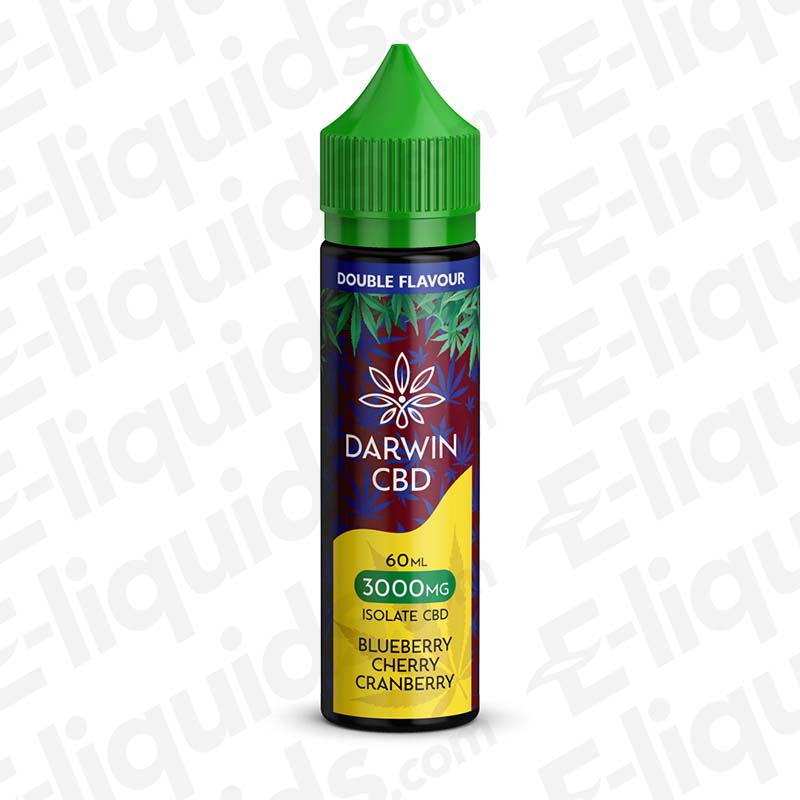 Darwin CBD 60ml Blueberry Cherry Cranberry Vape Juice with tart Triple Berry flavour in a maroon, yellow and green bottle.