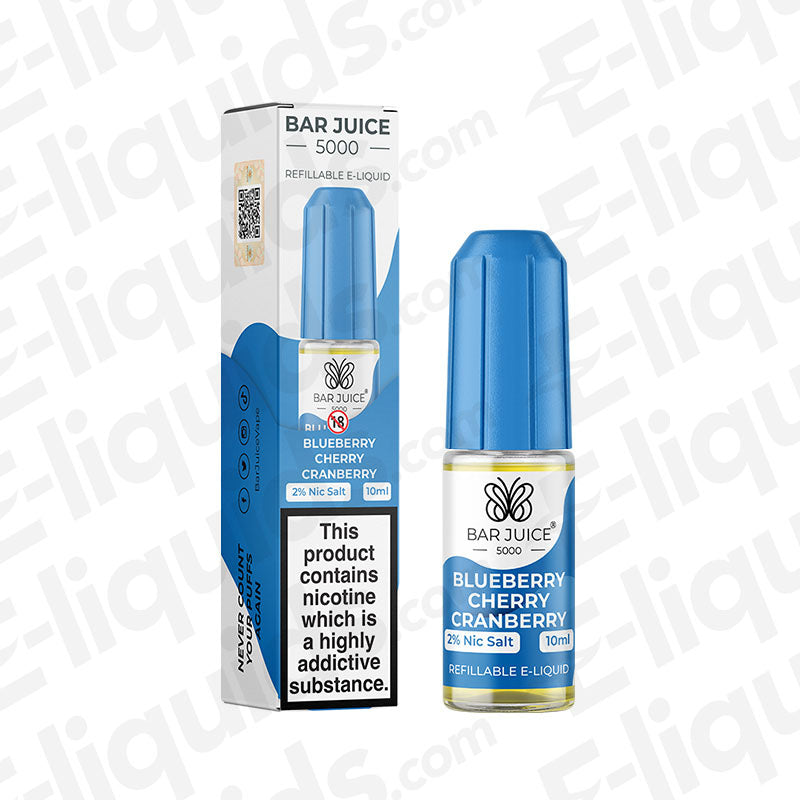 Blueberry Cherry Cranberry Nic Salt E-liquid by Bar Juice 5000 in a 10ml bottle with vibrant blue cap and packaging