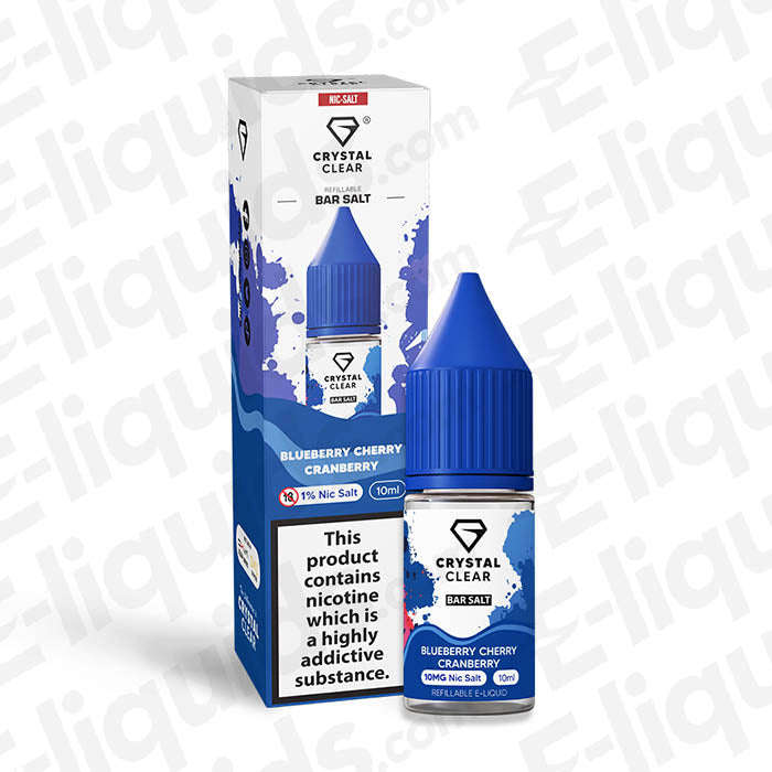 Blueberry Cherry Cranberry Nic Salt by Crystal Clear Bar Salts in a 10mg bottle, featuring vibrant packaging and a blue cap.