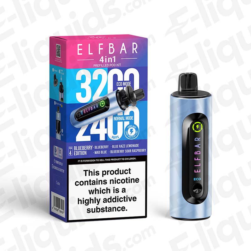 Elf Bar 4-in-1 Refillable Pod Kit with Blueberry flavor, offering 3200 puffs and reusable design.