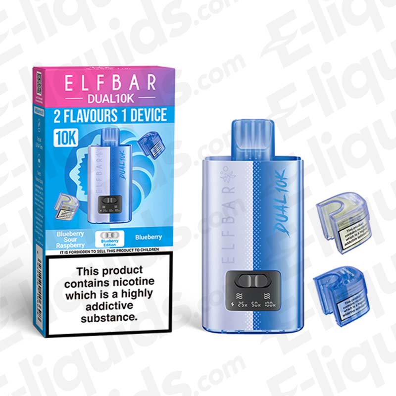 Elf Bar Dual 10K Disposable Vape Kit packaging and device, featuring blueberry and raspberry flavors, 10,000 puffs.