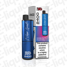IVG 2400 Blueberry Fusion Rechargeable Pod Kit with box and nicotine warning, 20mg nic salt e-liquid