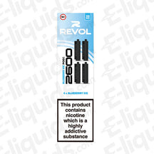 Blueberry Ice 4-in-1 Revol 2600 Prefilled Pods packaging with nicotine warning, 20mg strength, 2ml e-liquid, mesh coil.