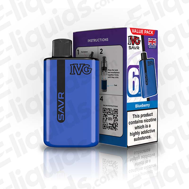 IVG SAVR Legal Big Puff Prefilled Pod Kit in blue, packaged with instructional box and blueberry flavor.