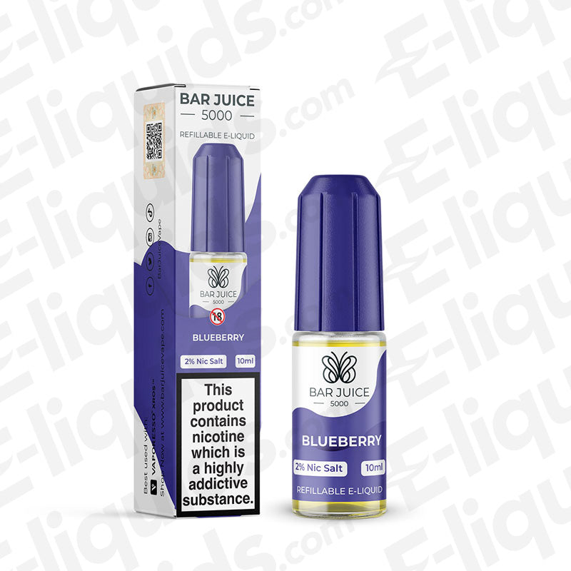 Blueberry Nic Salt E-liquid by Bar Juice 5000 in 10ml bottle with 2% nicotine salt, ideal for smooth vapour and rich flavor.