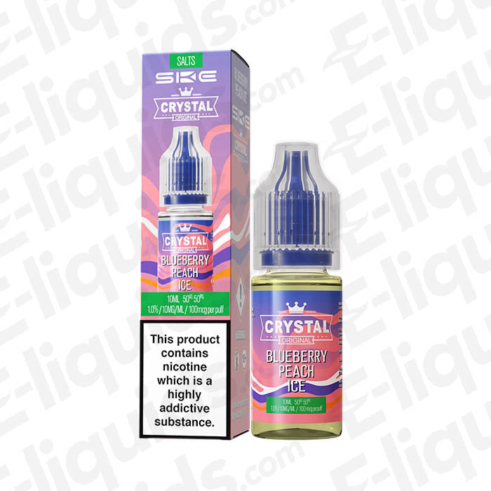 Blueberry Peach Ice Nic Salt E-liquid by SKE Crystal in a bottle and box packaging.