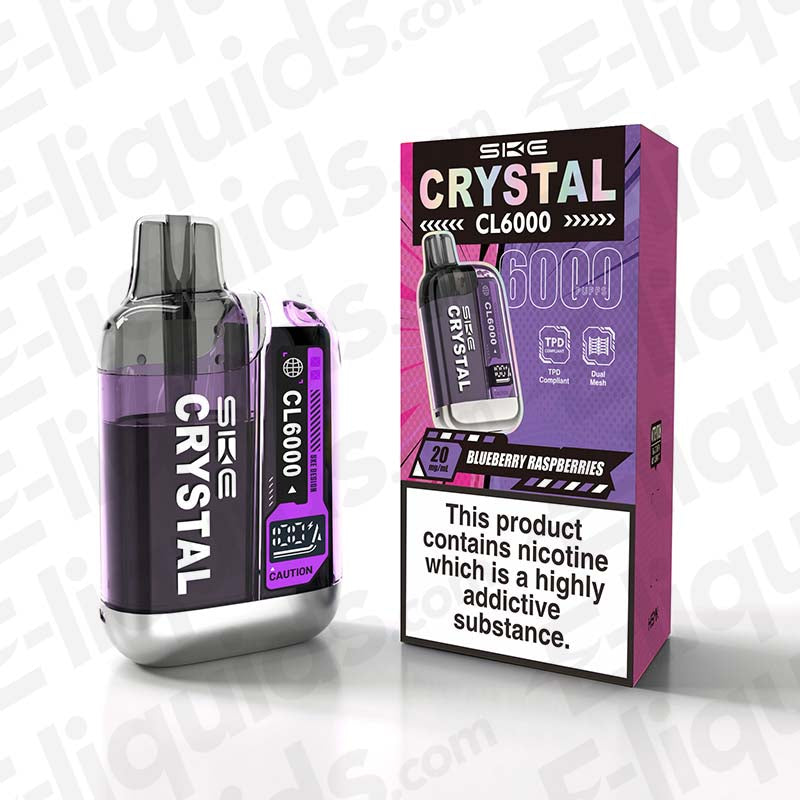 SKE Crystal CL6000 Prefilled Vape Pod with blueberry raspberry flavor and box packaging for MTL vaping.