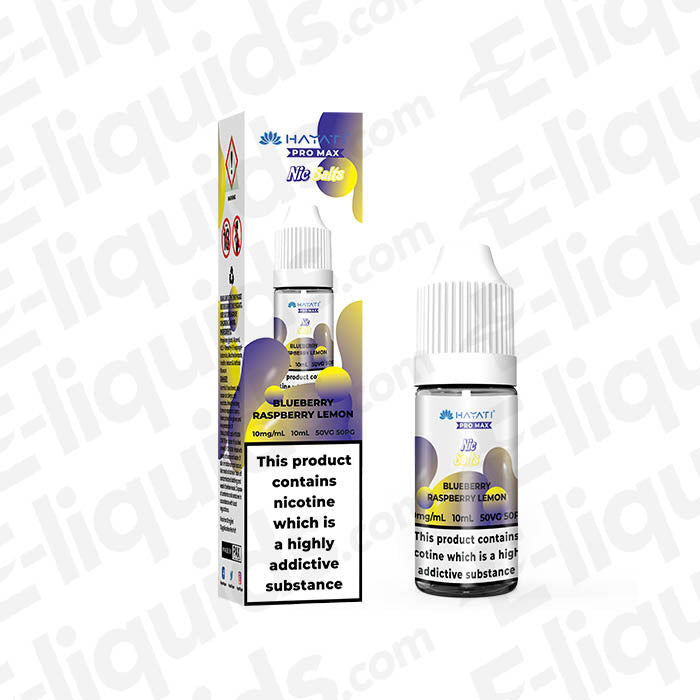 Blueberry Raspberry Lemon Pro Max Nic Salt E-liquid by Hayati in 10mg and 20mg strengths with vibrant packaging.