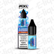 PIXL Nic Salt Vape Juice Blueberry Raspberry bottle and packaging with 10mg nicotine strength, highlighting blueberry and raspberry flavors.