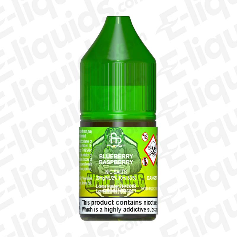Blueberry Raspberry RandM 7000 Nic Salt E-liquid by Fumot in a green bottle, showcasing its fruity flavor blend.