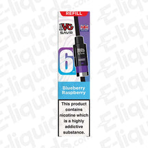 IVG SAVR Blueberry Raspberry 6ml Refill Pod with nicotine warning label, UK flag, and e-liquids branding. TPD compliant.
