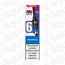 IVG SAVR Blueberry Prefilled Pod with 6ml capacity, nicotine warning label visible, showing e-liquid product packaging.