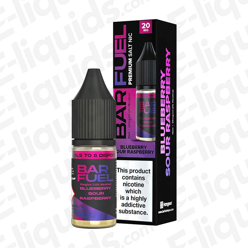 Blueberry Sour Raspberry Nic Salt E-liquid by Bar Fuel in 10ml bottle, featuring vibrant graphics and nicotine warning.