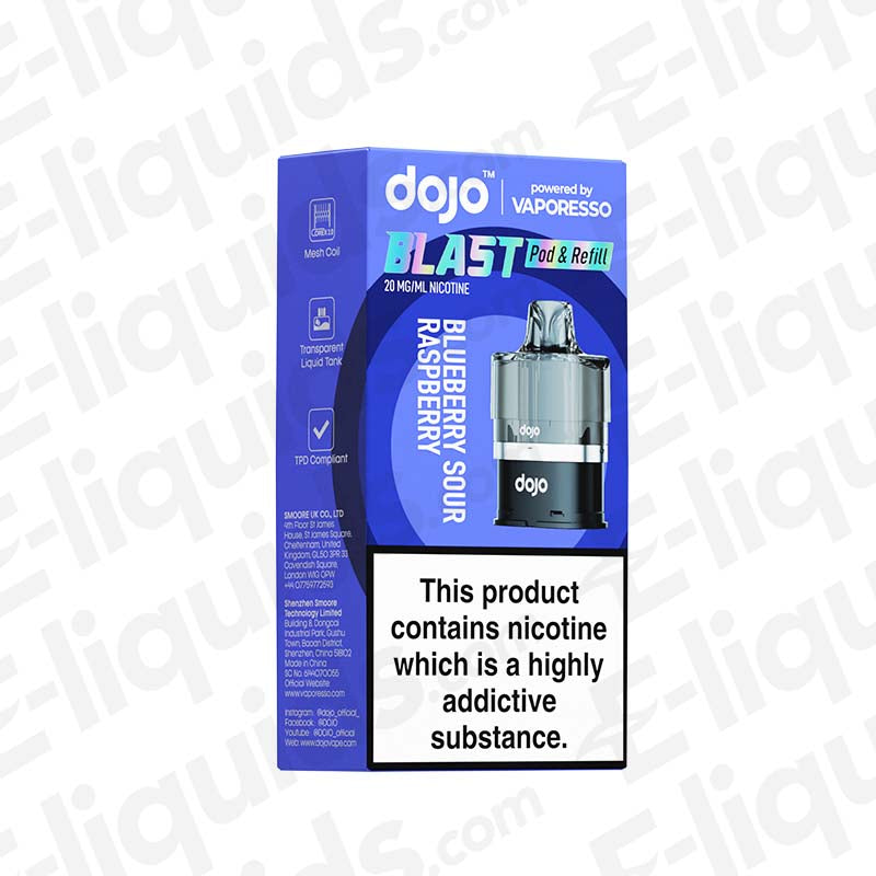 Vaporesso Dojo Blast 6000 Prefilled Pods in Blueberry Sour Raspberry flavor with nicotine warning label.