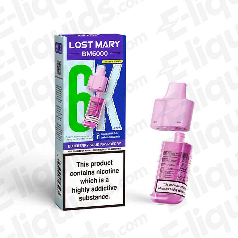 Lost Mary BM6000 Vape Pod in Blueberry Sour Raspberry flavor with product packaging, offering 6000 puffs and compliant with UK regulations.