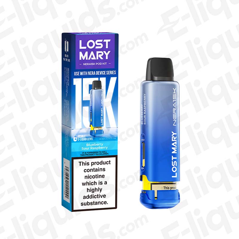 Blueberry Sour Raspberry Lost Mary NERA15K Prefilled Pod with packaging, 10+2ml, 50VG/50PG, 20mg strength, for MTL vaping.