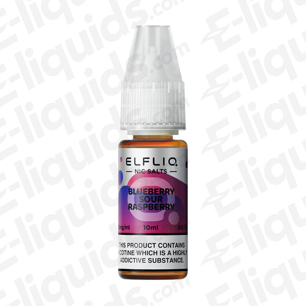 Blueberry Sour Raspberry Nic Salt E-liquid 10ml bottle by ELFLIQ, featuring bold blueberry and raspberry flavors for refreshing vaping.