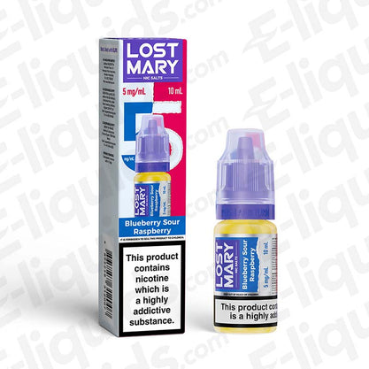 Lost Mary Nic Salt Vape Juice Blueberry Sour Raspberry 5mg strength 10ml bottle for pod kits and mouth to lung use, visible packaging.