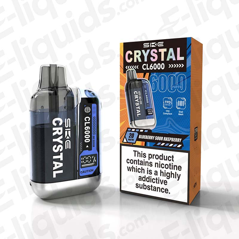 SKE Crystal CL6000 Prefilled Vape Pod with Blueberry Sour Raspberry flavor, featuring 6000 puffs and 20mg nicotine.